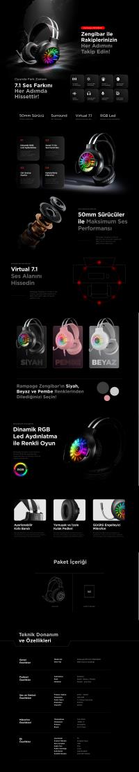 RAMPAGE RM-K44 ZENGIBAR USB 7.1 SURROUND SİYAH IŞIK EFEKTİ GAMING KULAKLIK